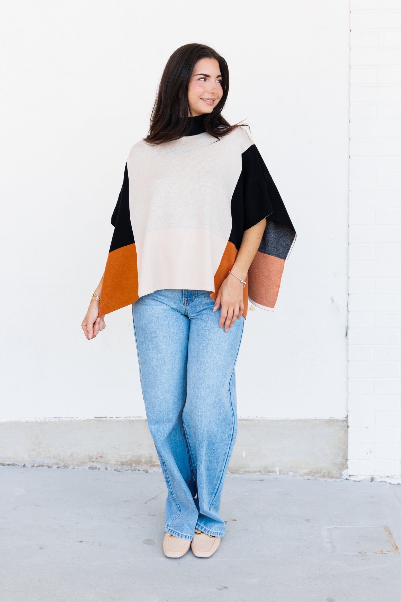 THML CAMEL COLOR BLOCK PONCHO 