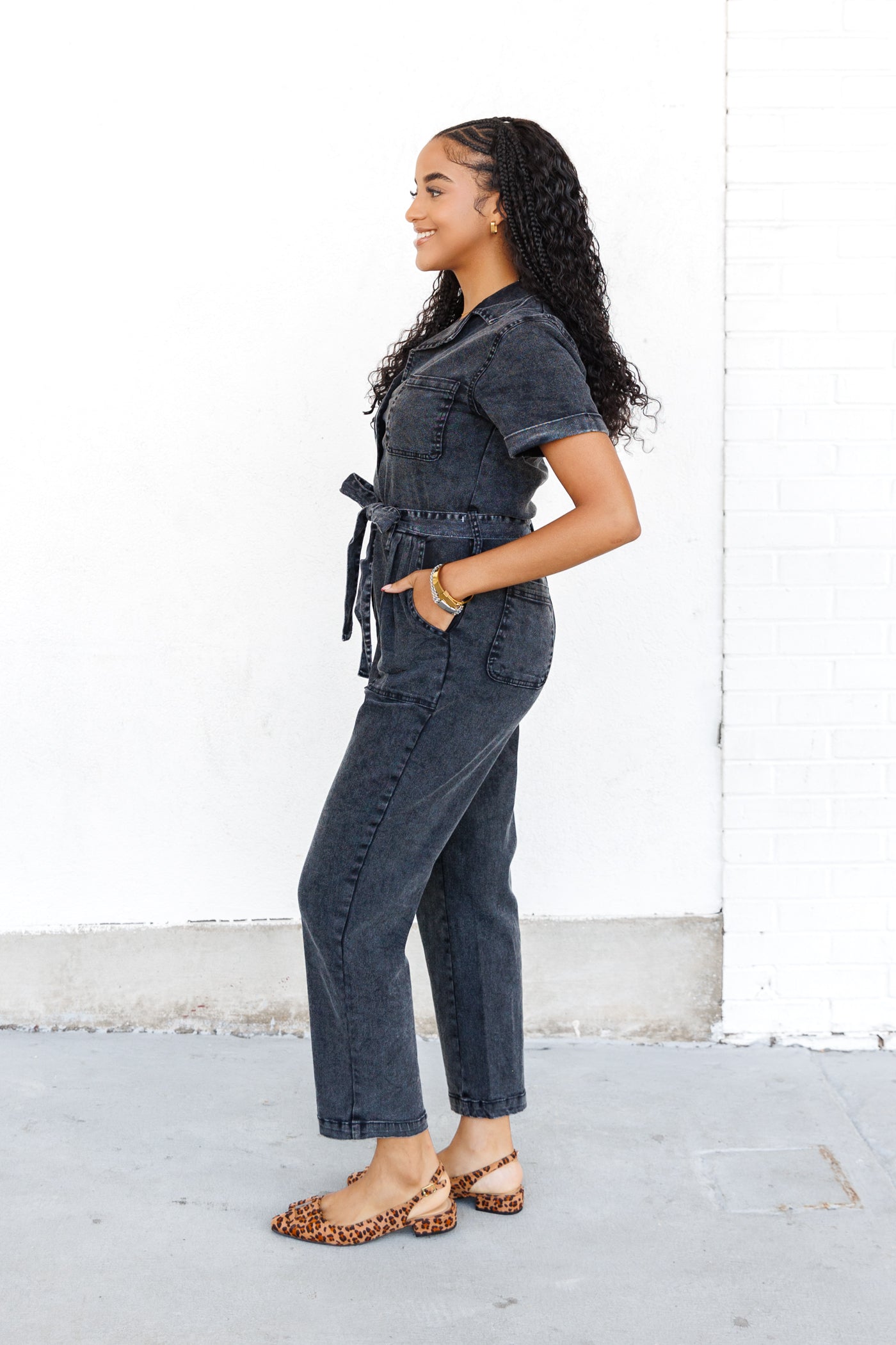 SKIES ARE BLUE BLACK DENIM WASHED JUMPSUIT WITH UTILITY POCKETS