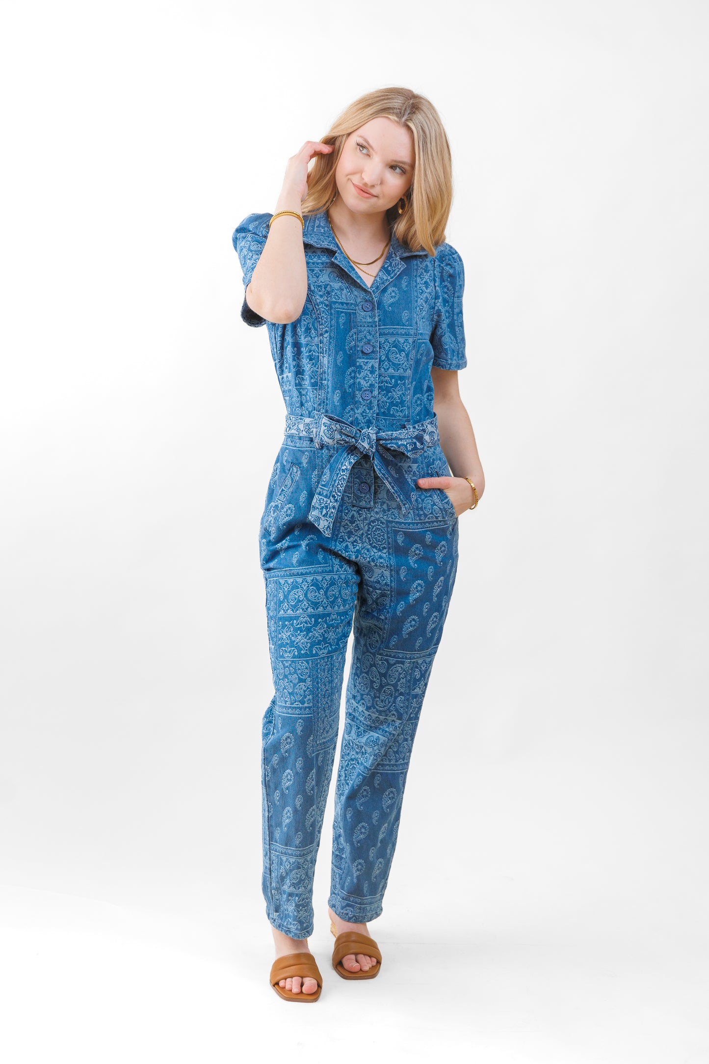 SKIES ARE BLUE DENIM JACQUARD JUMPSUIT