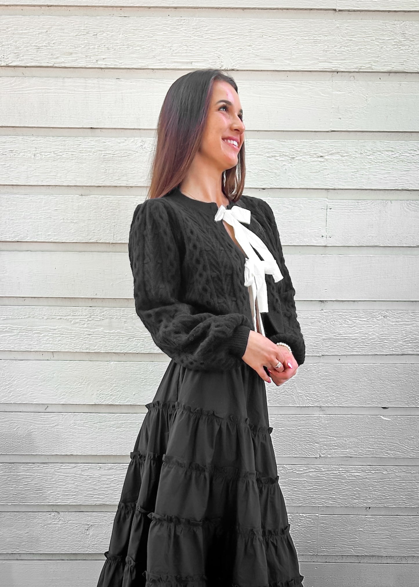 STORIA BALCK WITH WHITE BOWS CABLE KNIT BALLOON SLEEVE CARDIGAN