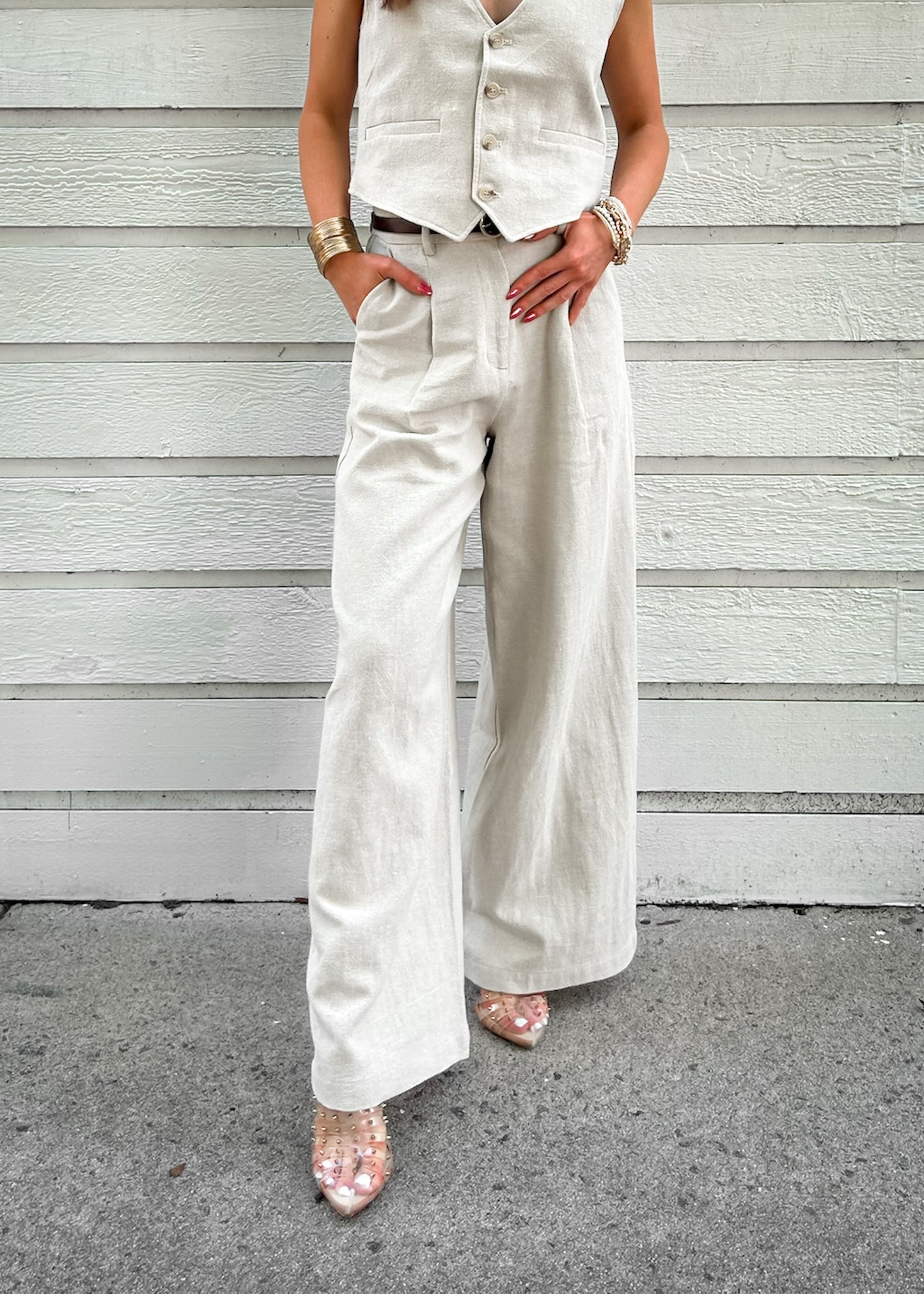 FRNCH BEIGE HIGH-WAIST WIDE CUT TROUSERS