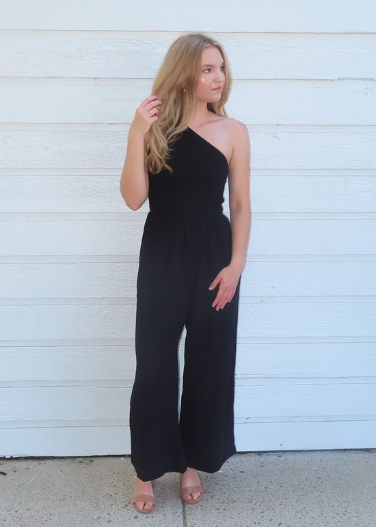 Grade & Gather Black Gauze One Shoulder Jumpsuit