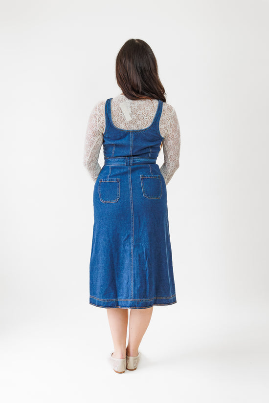 STORIA DENIM MIDI DRESS WITH BACK POCKETS 