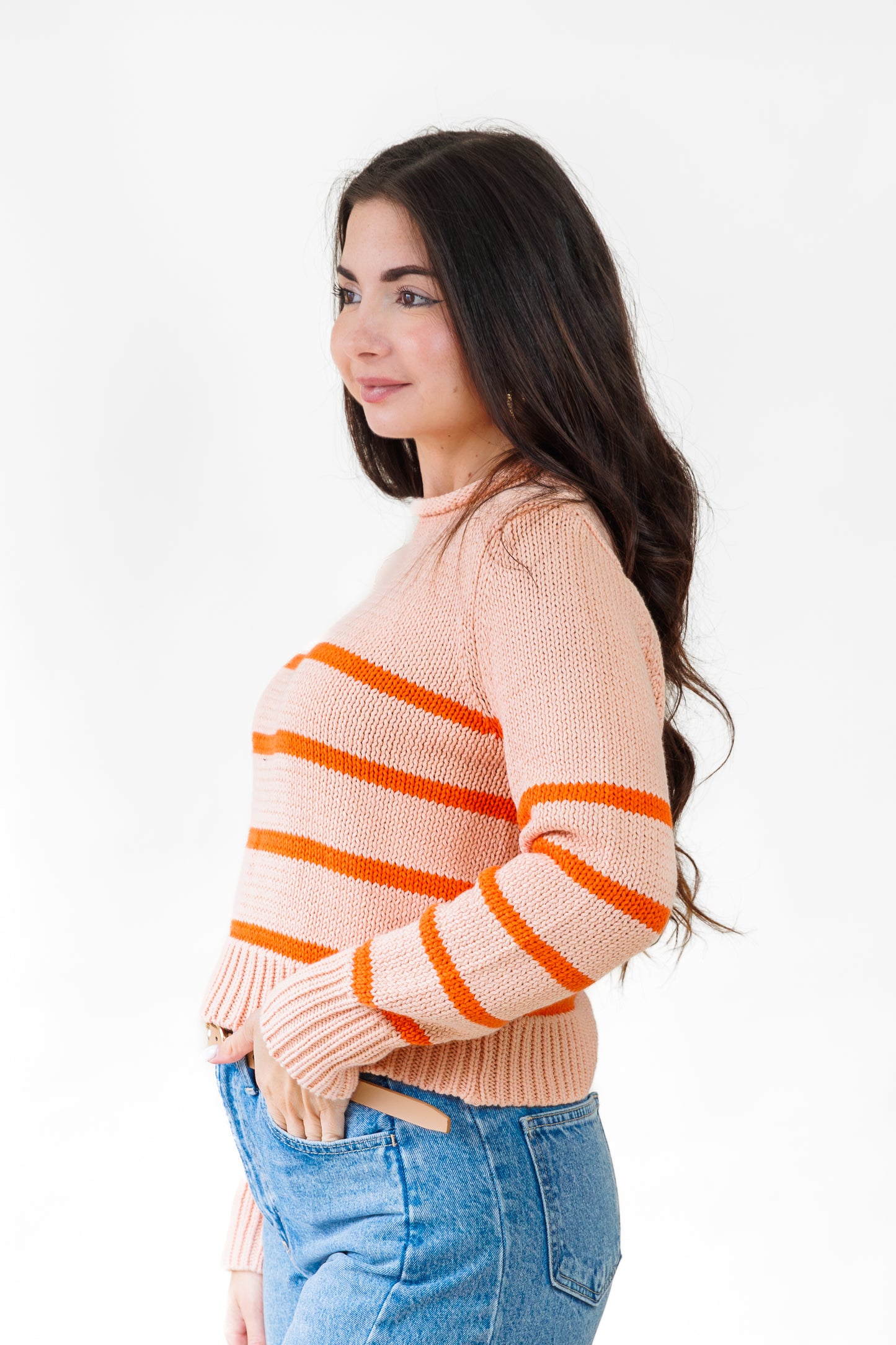 OLIVACEOUS CROPPED STRIPE SWEATER RIBBED HEMLINE