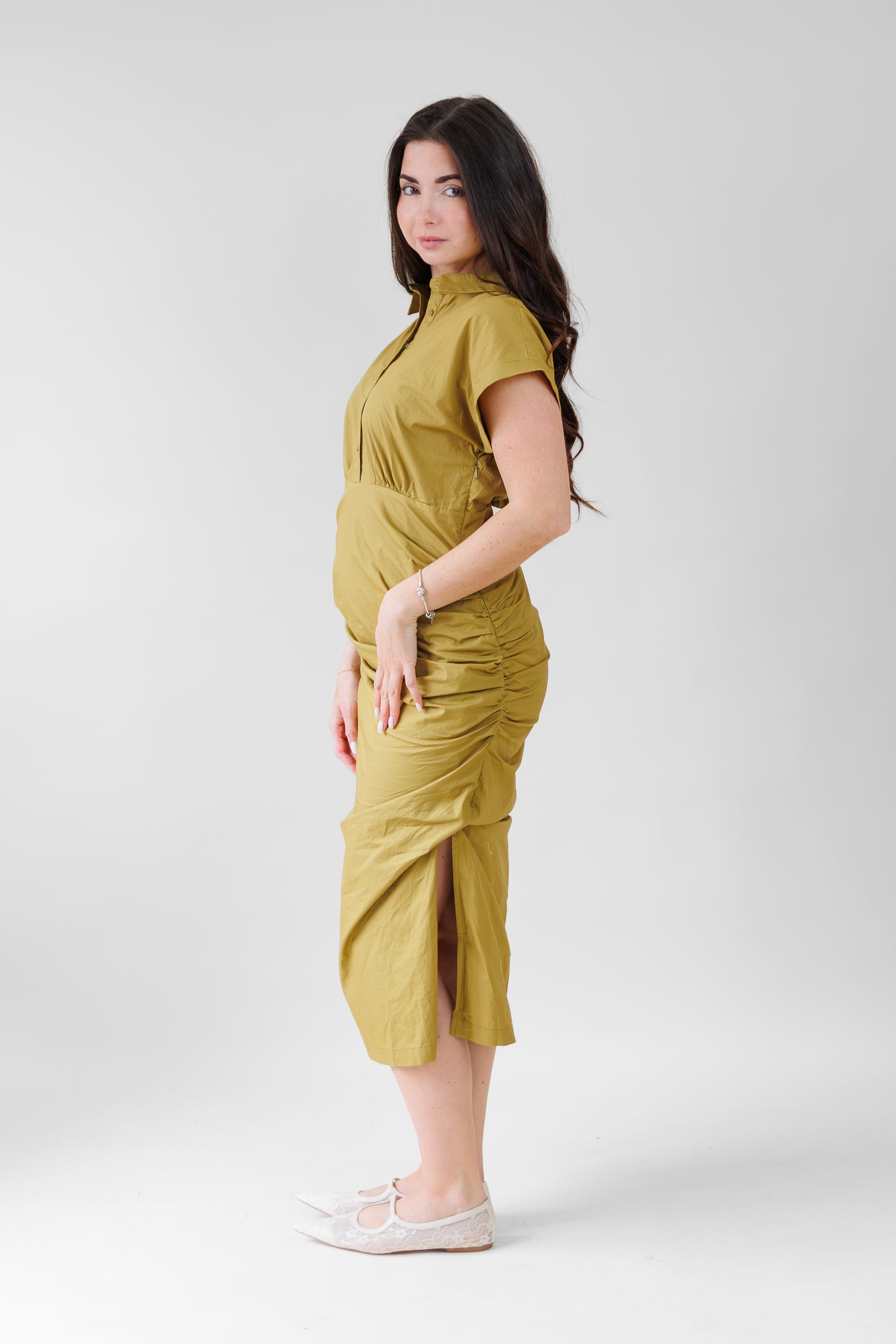 AUREUM CAP SLEEVE MIDI SHIRT DRESS CINCHED WAIST