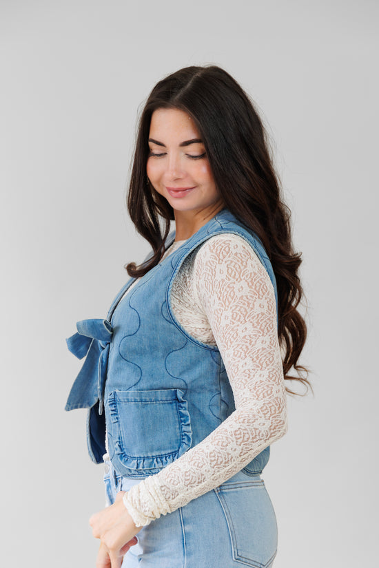 STORIA DENIM QUILT PRINT BOW VEST