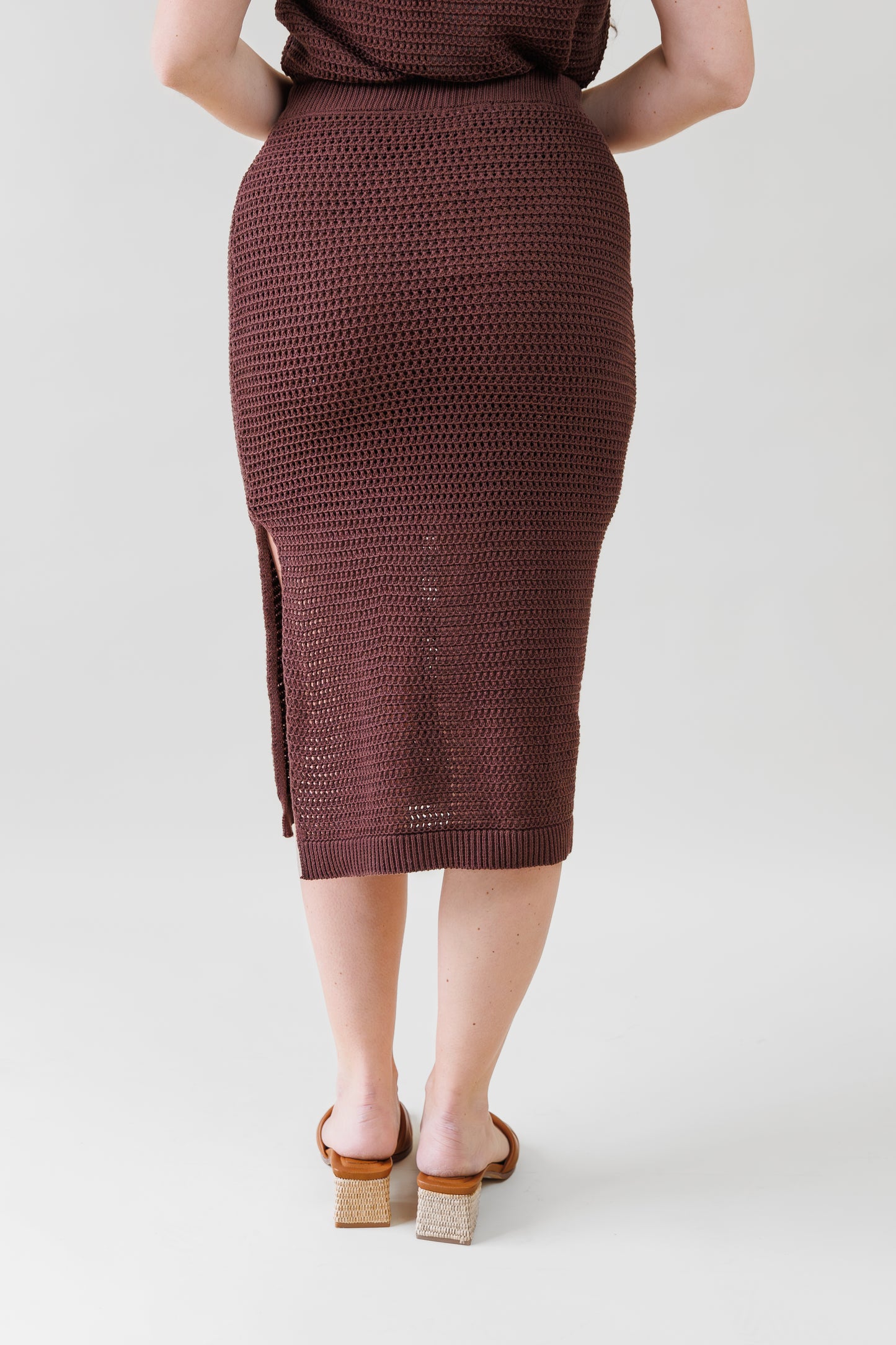 SKIES ARE BLUE BROWN CROCHET MIDI SKIRT