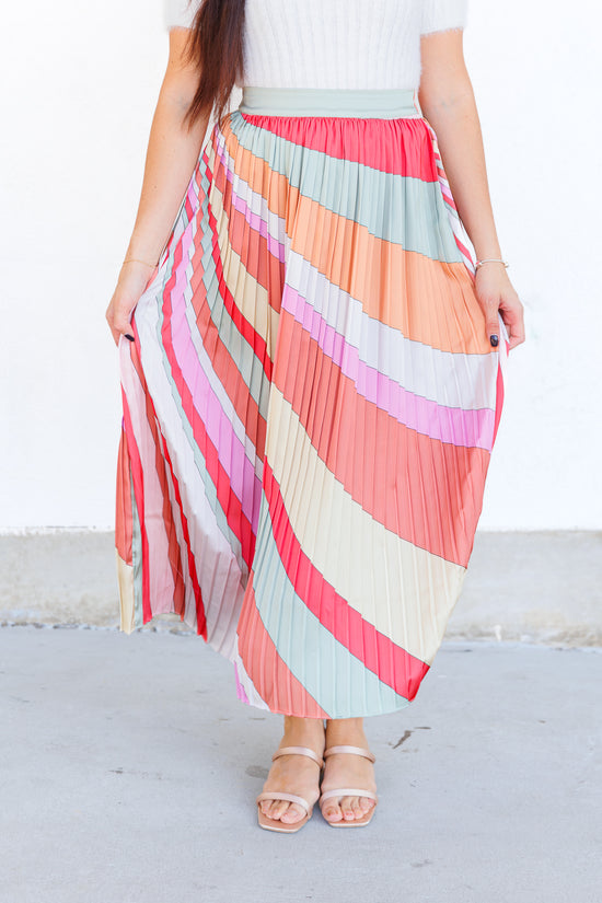 SKIES ARE BLUE PASTEL STRIPED PLEATED MIDI SKIRT