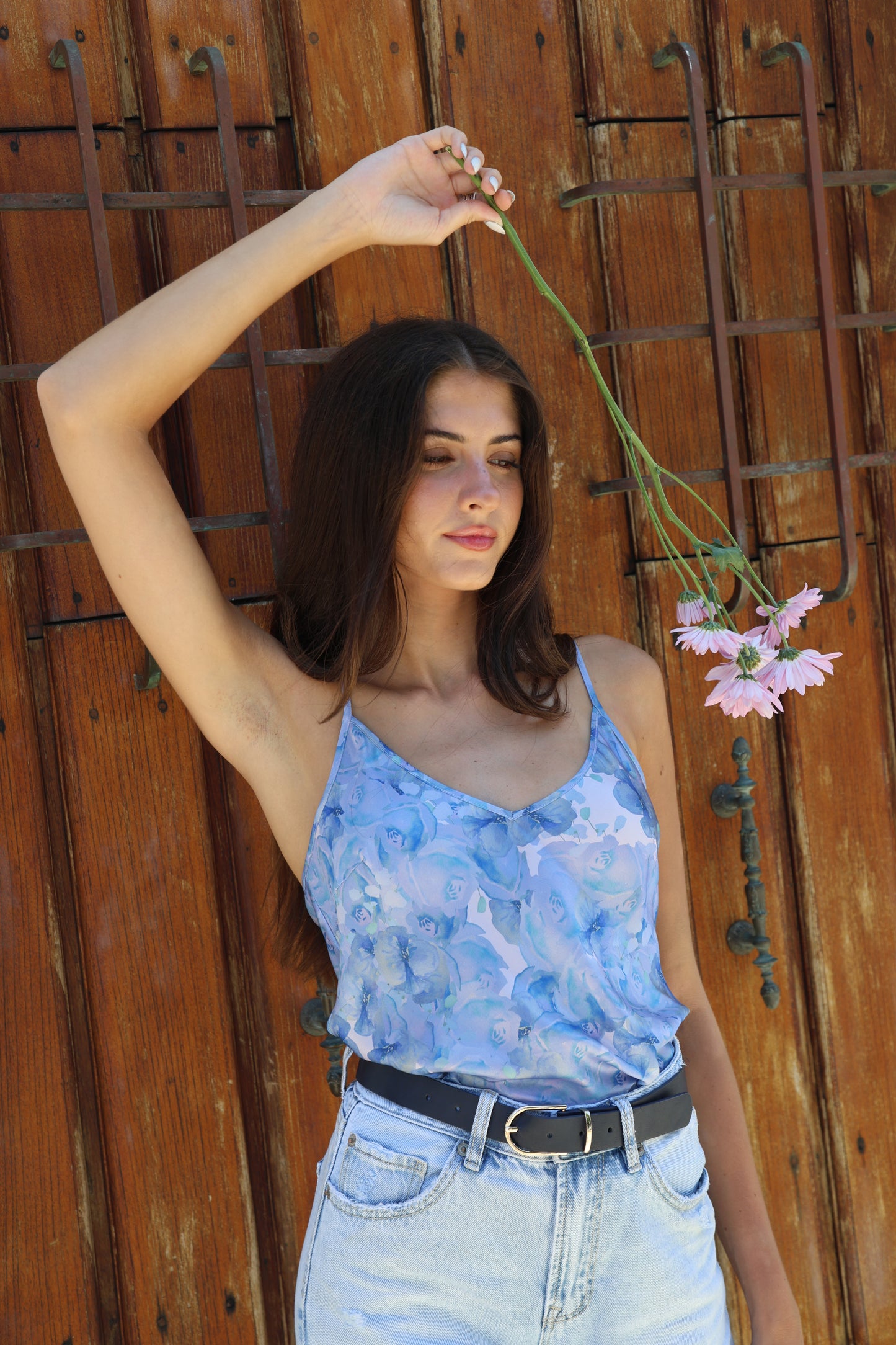 FLORA BLUE FLORAL PRINT SILK-VISCOSE CAMI TOP