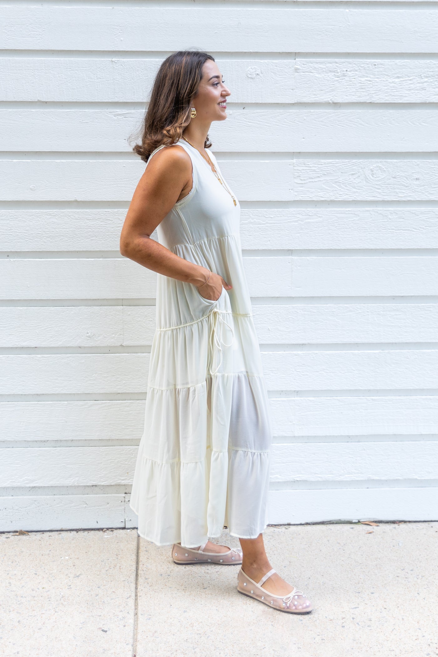 MOD REF SHEER CREAM CHIFFON MAXI DRESS