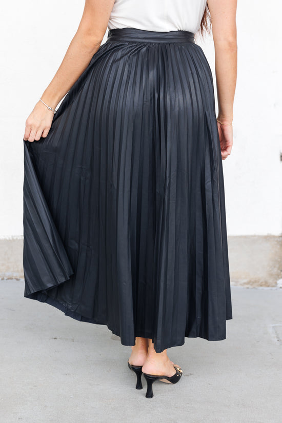 OLIVACEOUS SLEEK BLACK PLEATED MIDI LEATHER SKIRT