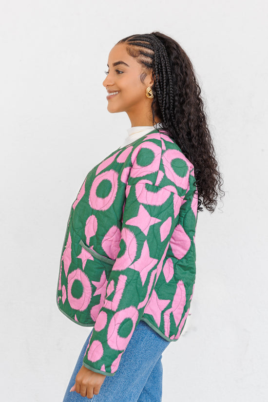 THML GREEN AND PINK QUILTED JACKET WITH FRONT SNAP CLOSURE