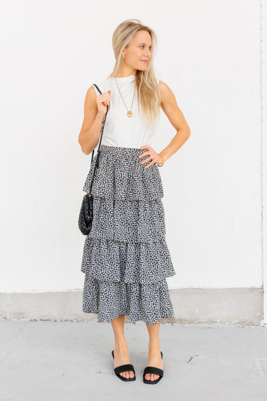 SKIES ARE BLUE FLOWY TIERED MIDI SKIRT