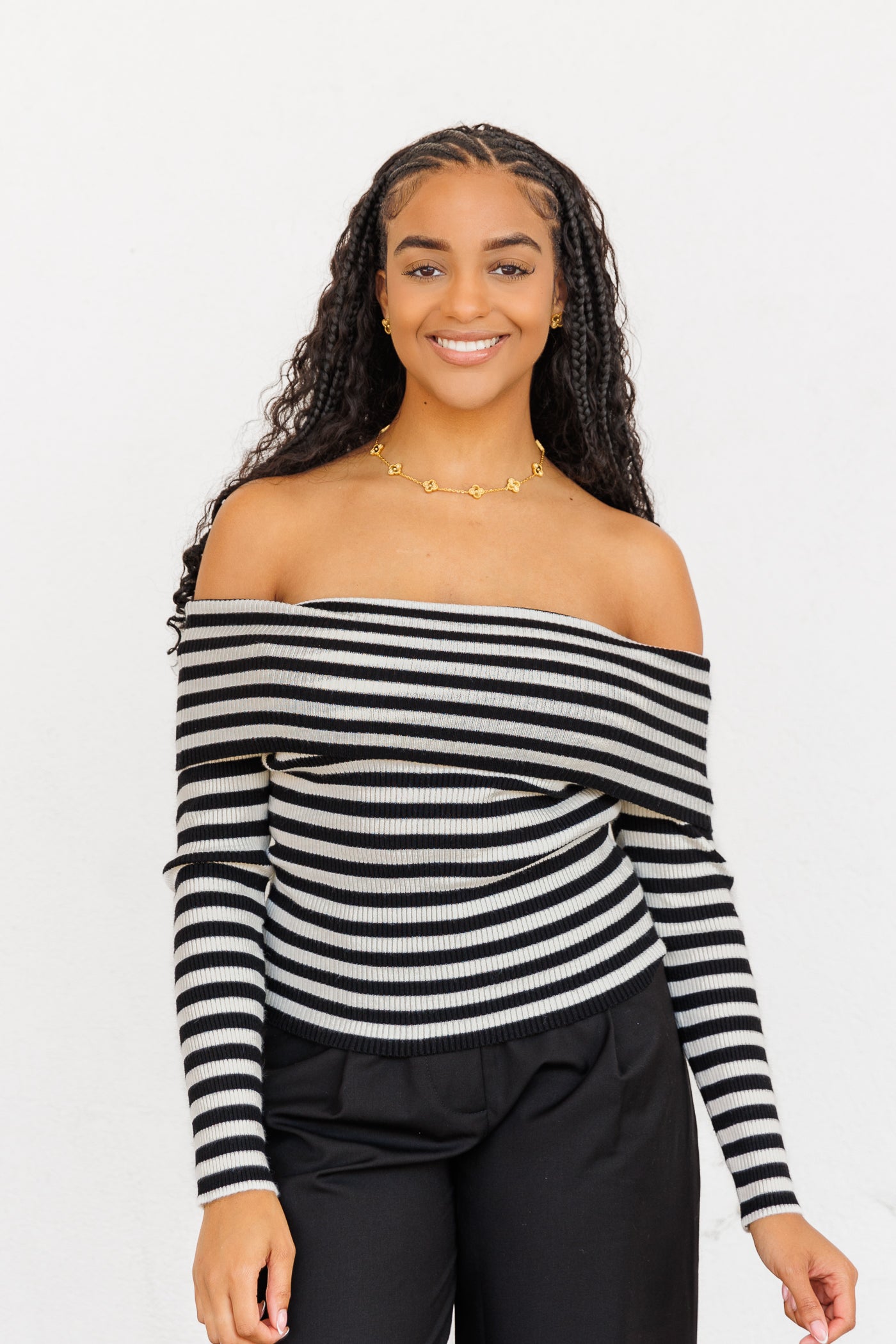 SKIES ARE BLUE RIBBED STRIPED OFF THE SHOULDER TOP