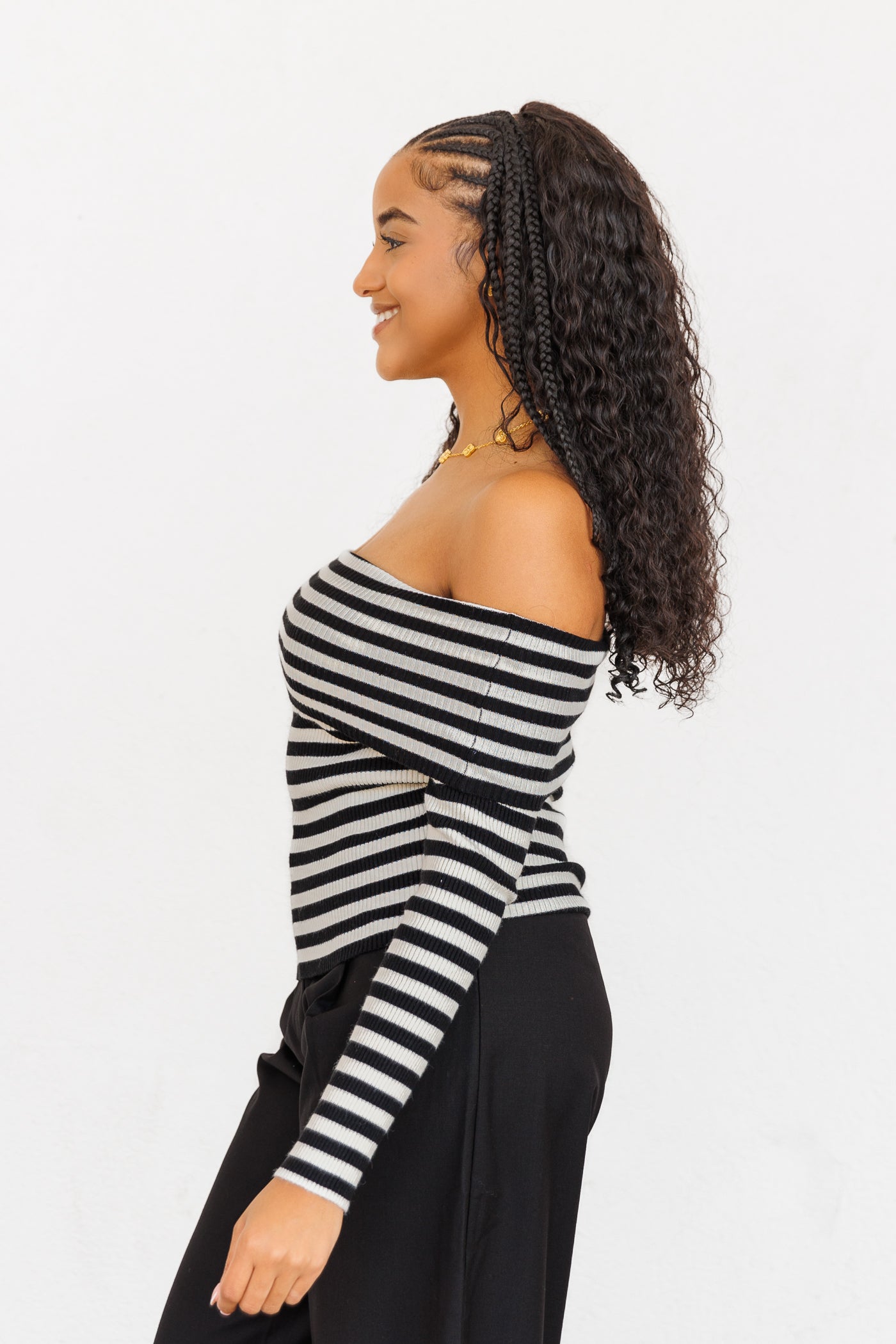 SKIES ARE BLUE BLACK AND WHITE STRIPED OFF THE SHOULDER TOP