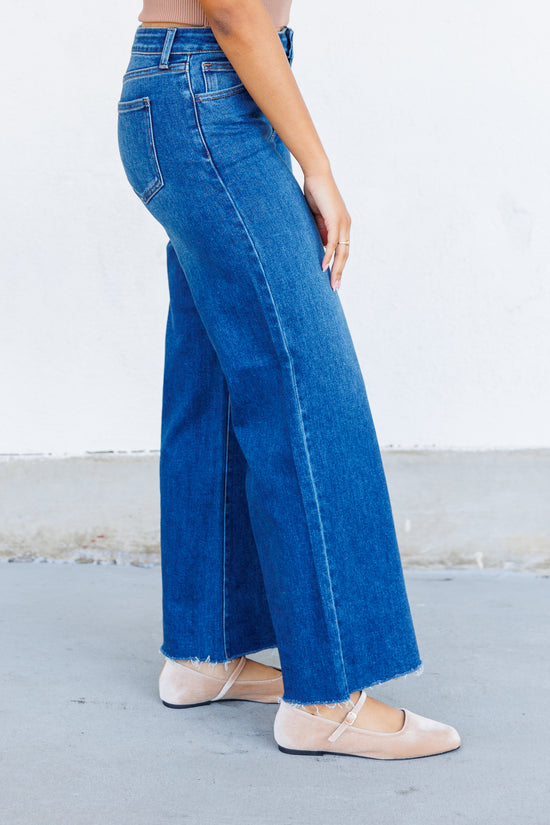 JUST USA DARK WASH MID RISE WIDE LEG JEANS AND STRETCHY 