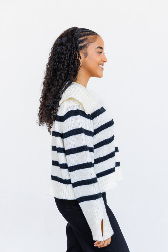 OLIVACEOUS RELAXED FIT STRIPED SWEATER WITH COLLAR 