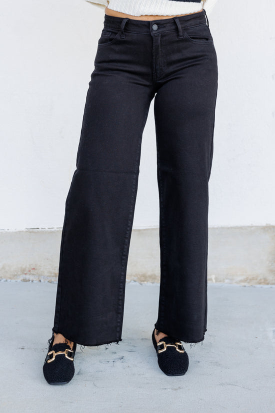 JUST USA BLACK WASH MID RISE WIDE LEG PANTS