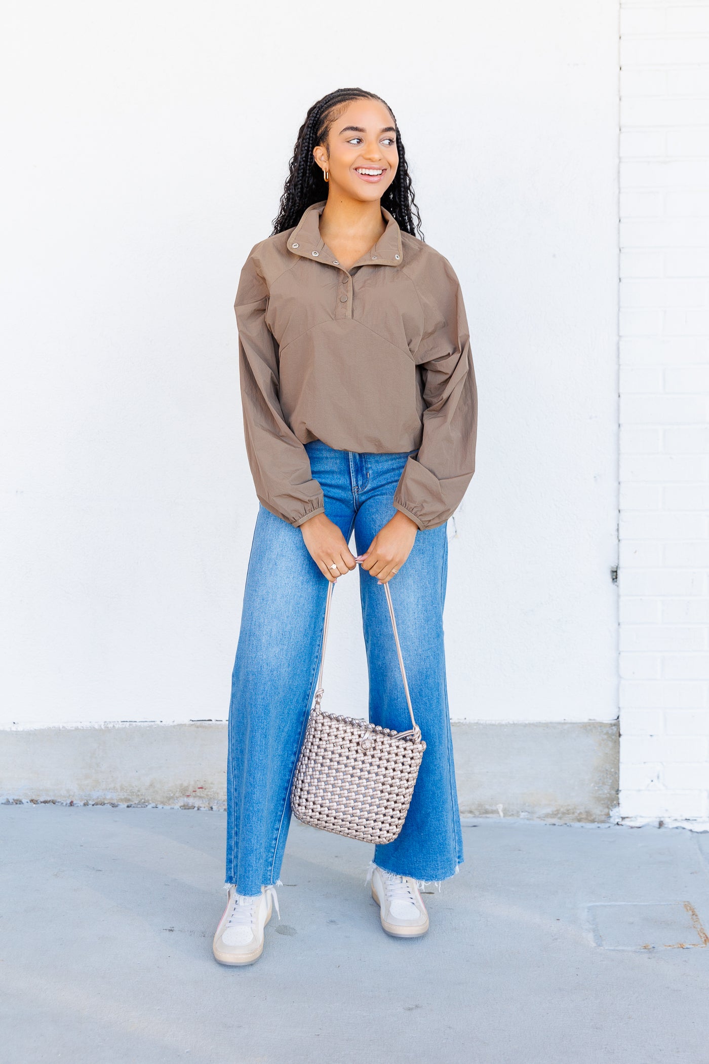 OLIVACEOUS Trendy Brown Cropped Windbreaker Jacket