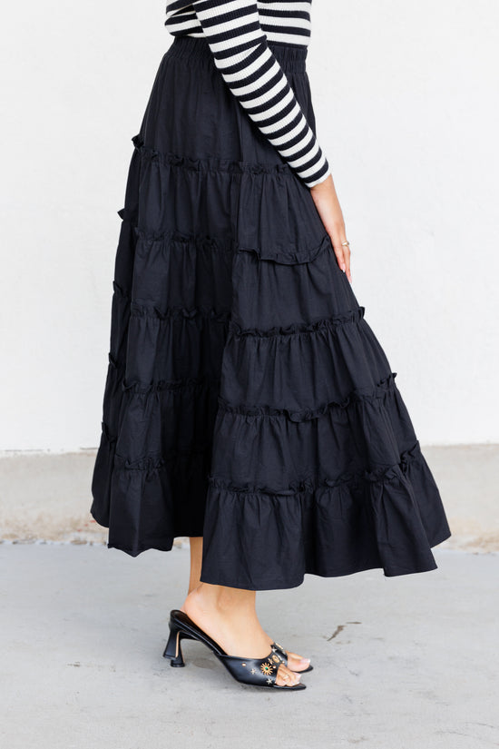 SOFIE THE LABEL BLACK TIERED MAXI SKIRT WITH STRETCHY WAISTBAND