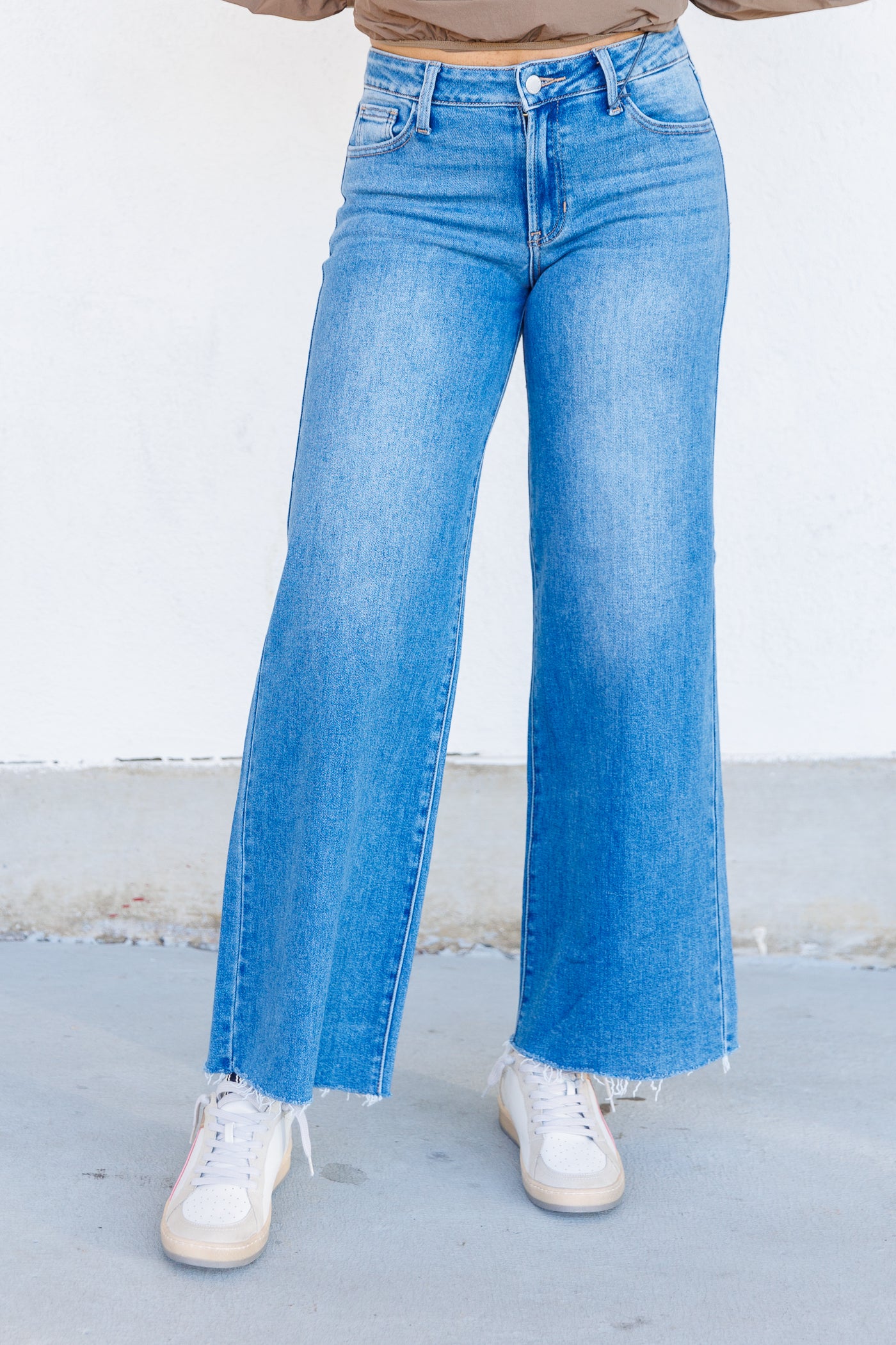 JUST USA RELAXED WIDE LEG FRAYED HEM PANTS