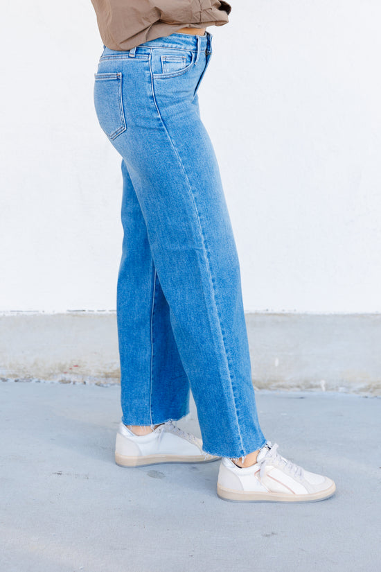 JUST USA WIDE LEG MIDRISE JEANS WITH FRAYED BOTTOMS