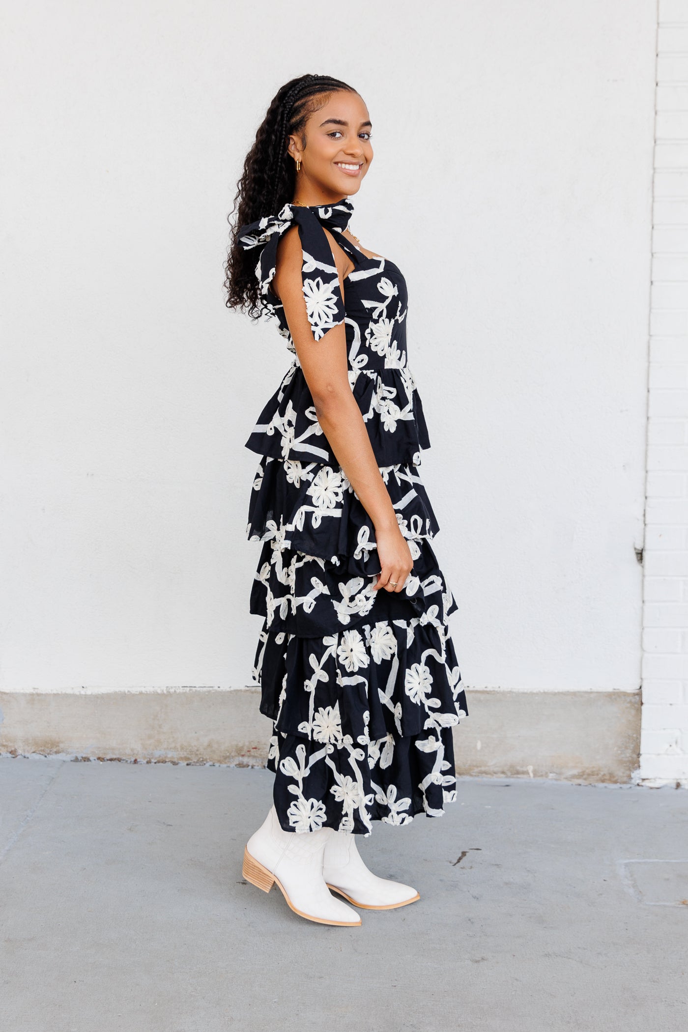 SOFIE THE LABEL BLACK TIERED EMBROIDERED MIDI DRESS