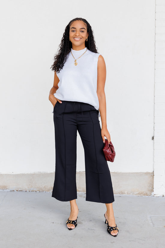 ATLAS BLACK TAILORED CROPPED PANTS WITH STRETCHY WAISTBAND 